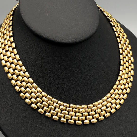 Estate Jewelry - Gold Tone Panther Link Necklace 16 in Chunky 5-Row Metal Weave Bib Collar